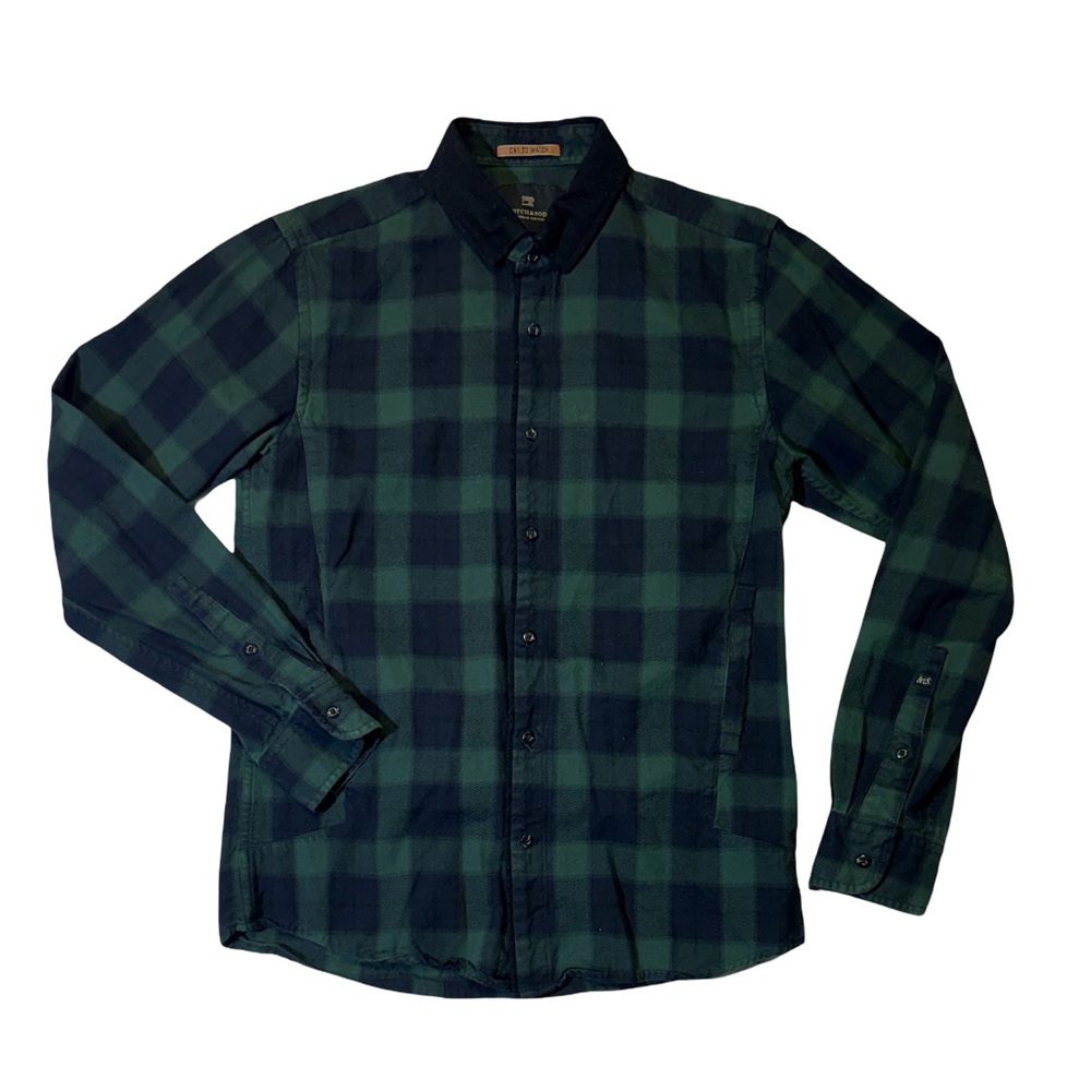 Scotch & Soda mens M Medium slim fit green blue plaid flannel button up shirt